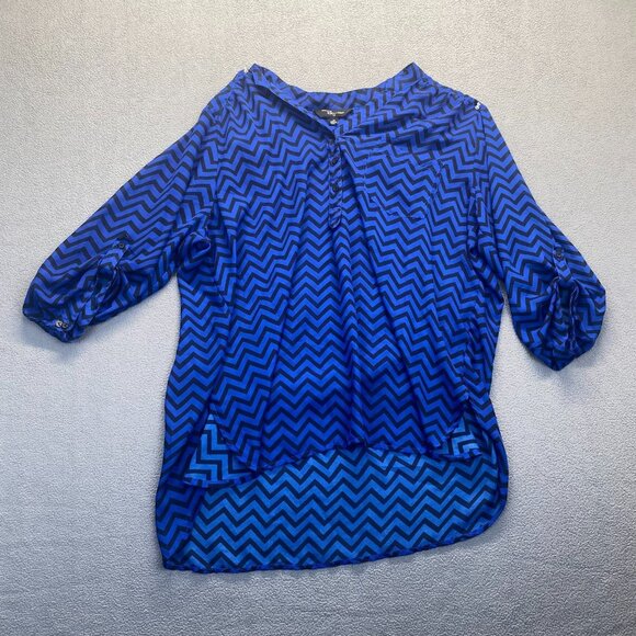 Riley+James V-neck, sheer blouse Size 3X Quarter Length Button-up Sleeve,Blue - Picture 1 of 10